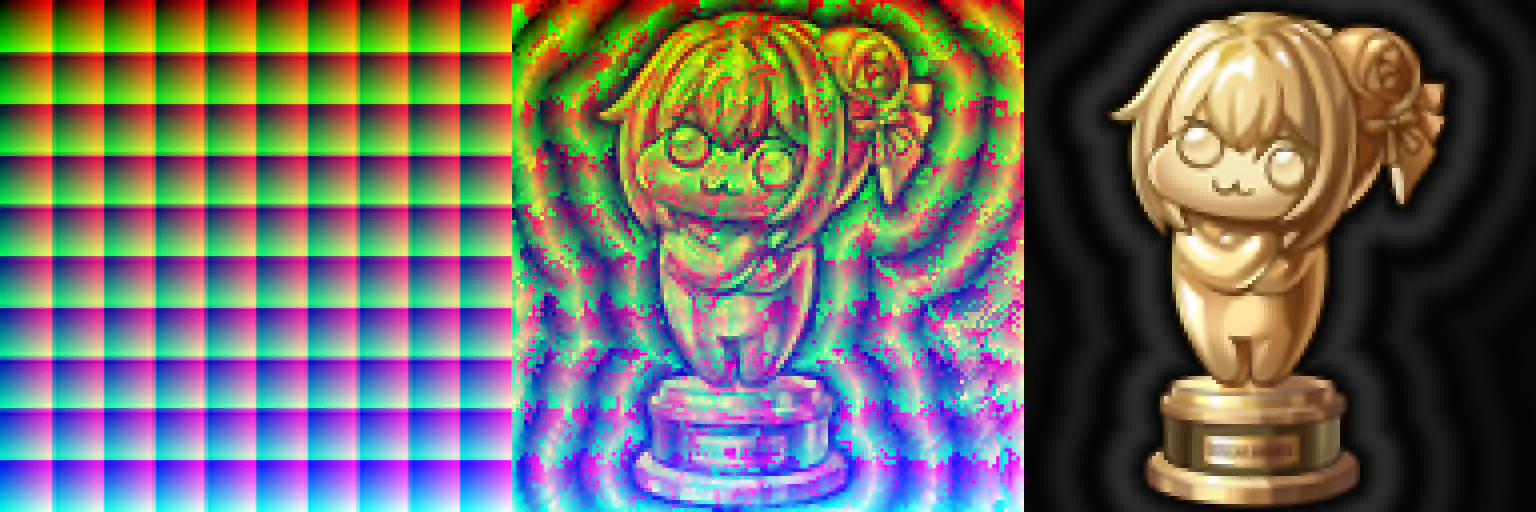무지개색 원본, 원본의 색으로 Golden Doro 형태를 만든 배정 결과, Golden Doro 목표 이미지가 나란히 놓인 비교